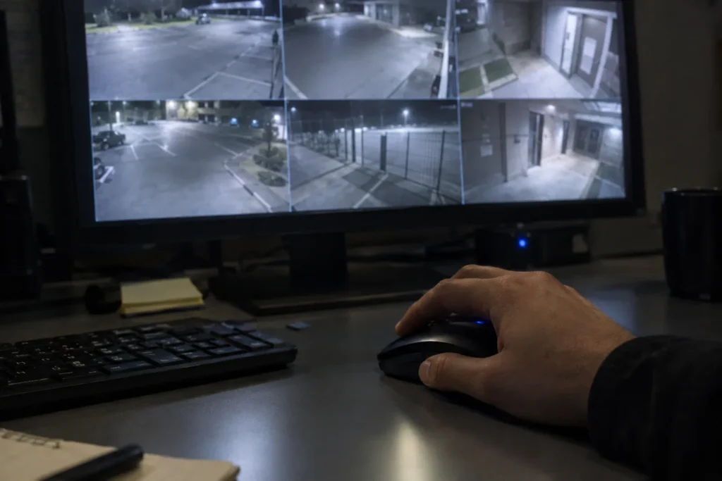 Operator reviewing live CCTV camera views at night