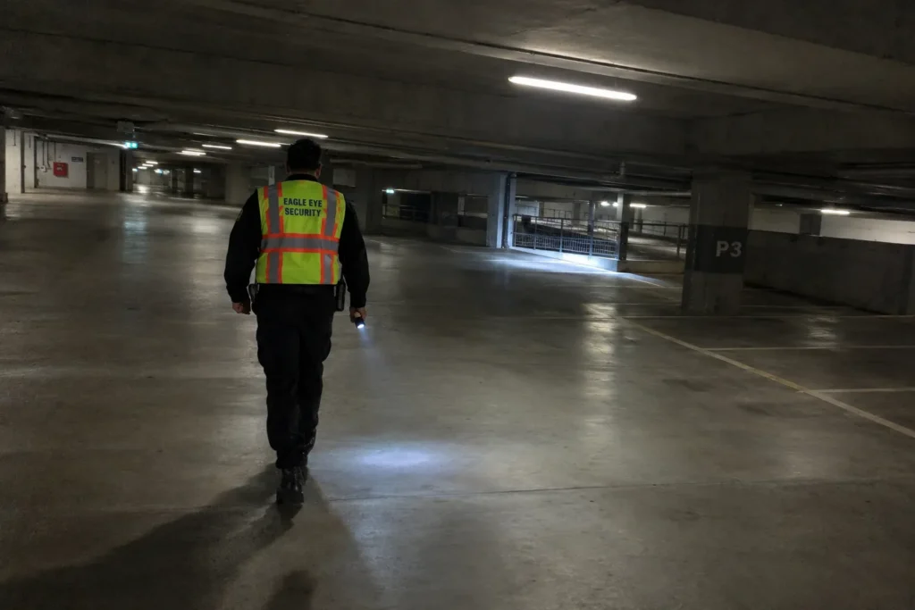 Security guard walking an empty parkade at night