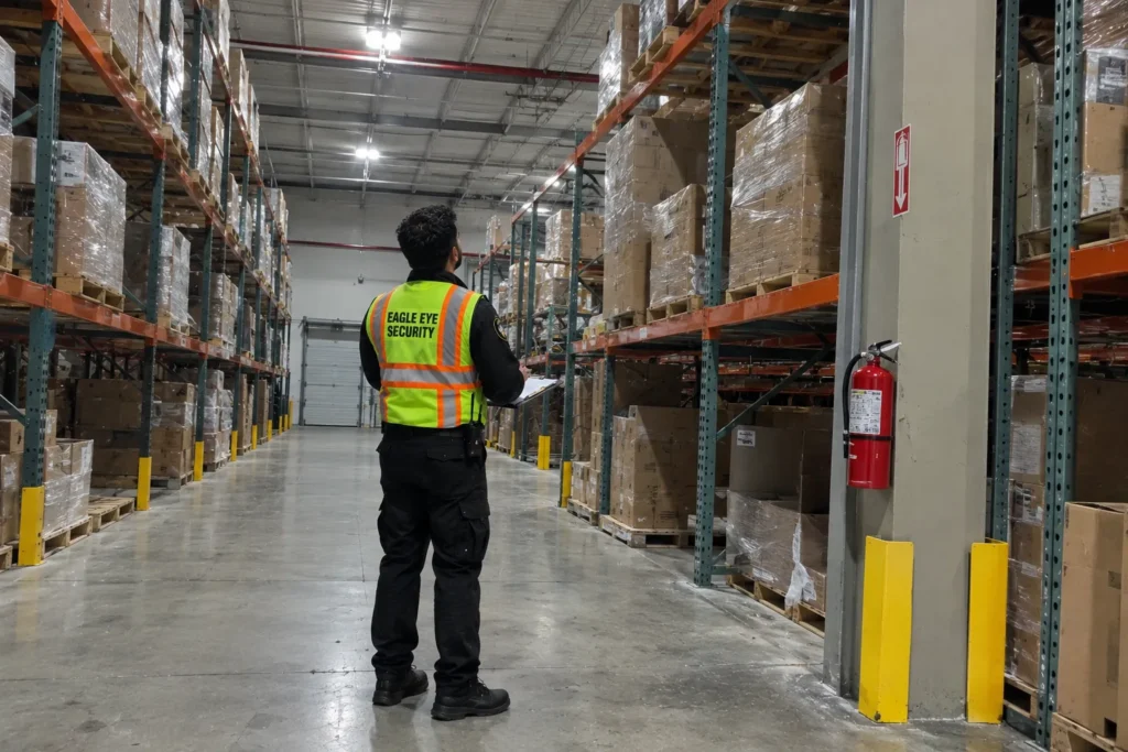 Fire watch guard checking a warehouse aisle with a clipboard
