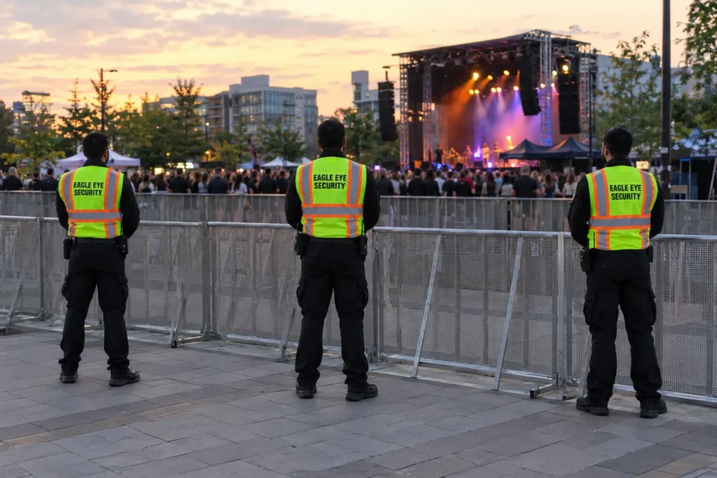 Event security guards along a barricade at an outdoor concert