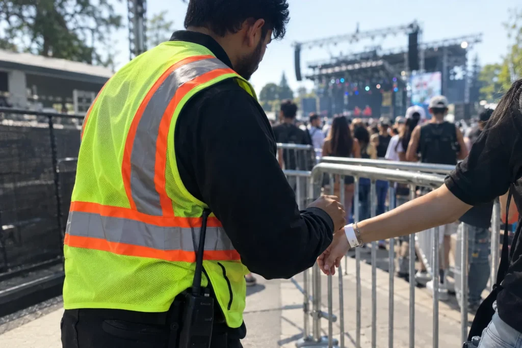 Event guard checking a wristband at a festival gate