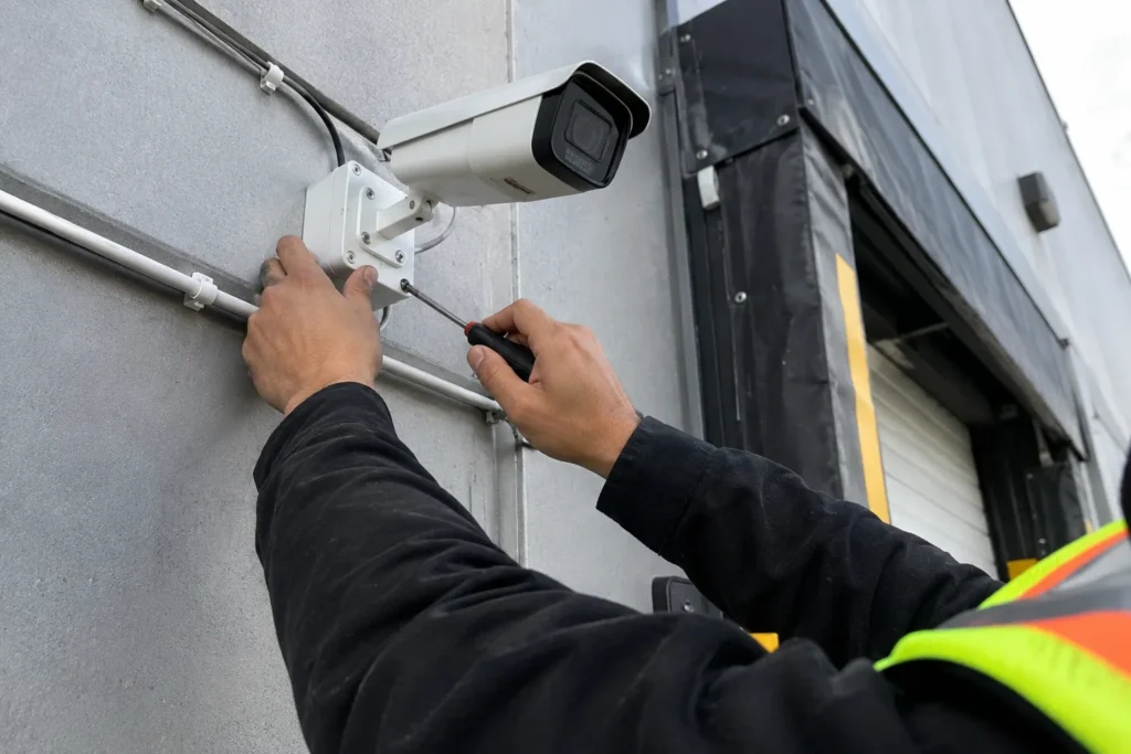 Technician fitting a security camera above a loading door