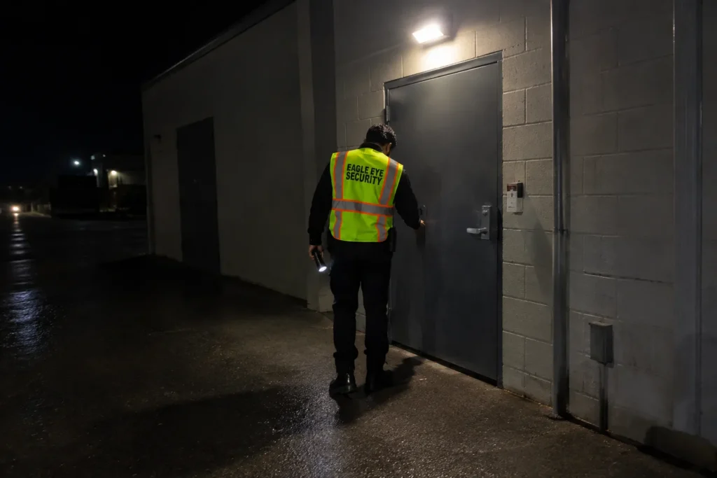 Guard checking a rear industrial door after an alarm