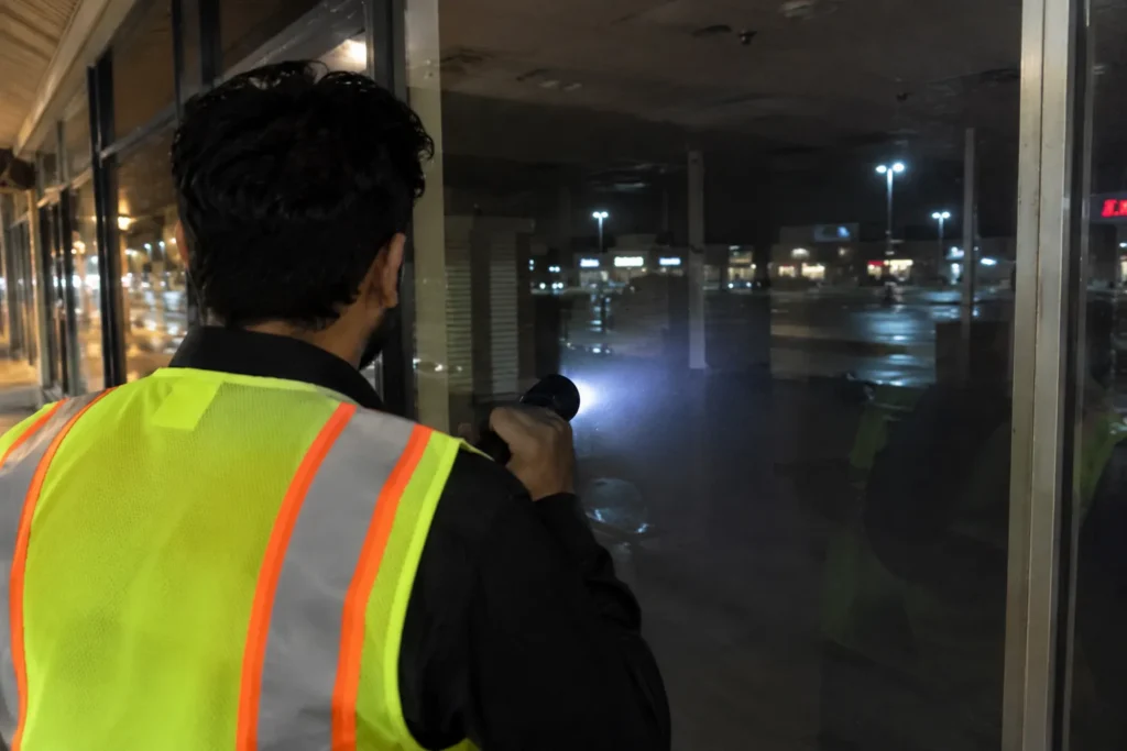 Guard checking a storefront with a flashlight at night