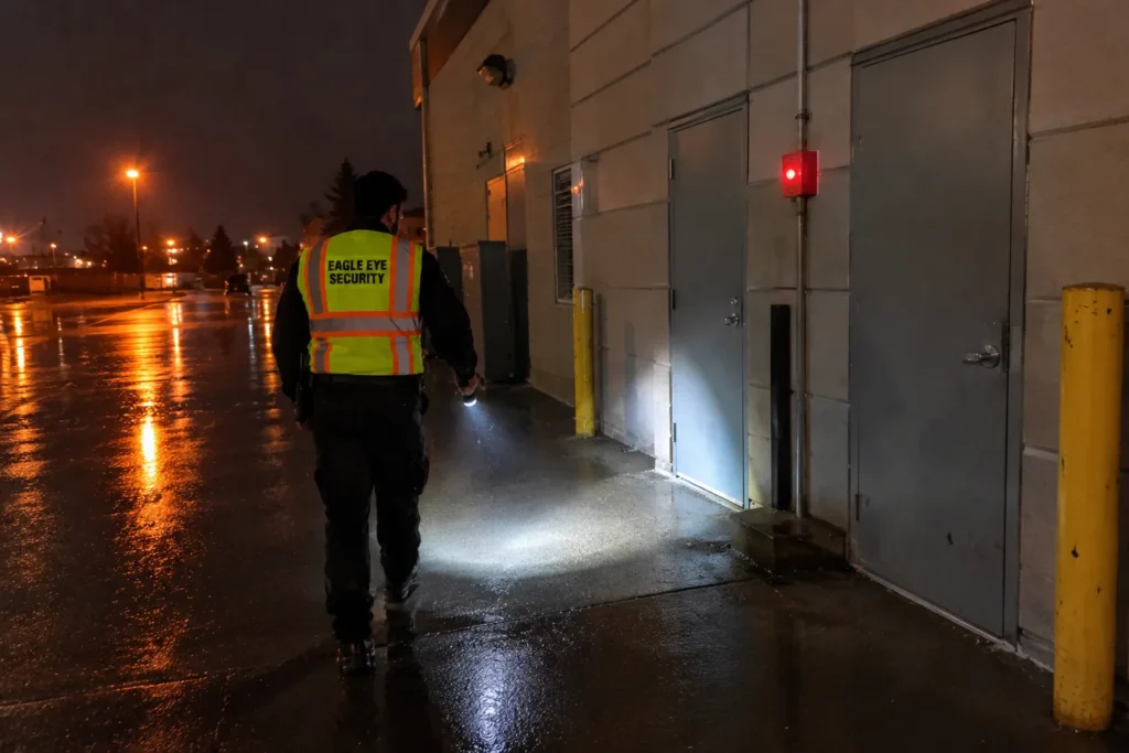 Guard checking the rear doors of a retail plaza after an alarm