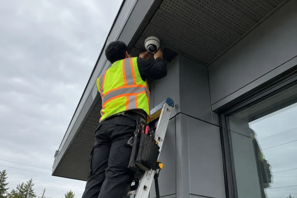 Technician installing a security camera under a building overhang