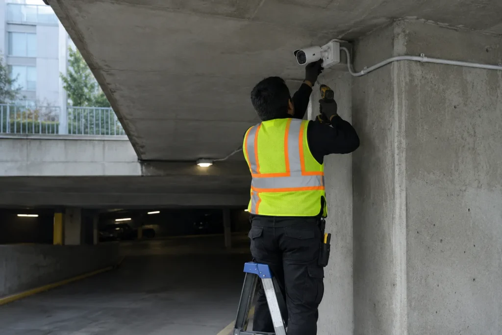 Technician installing a security camera at a parkade entrance