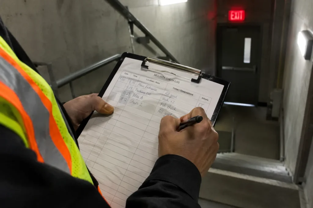 Guard writing a patrol round in the fire watch log