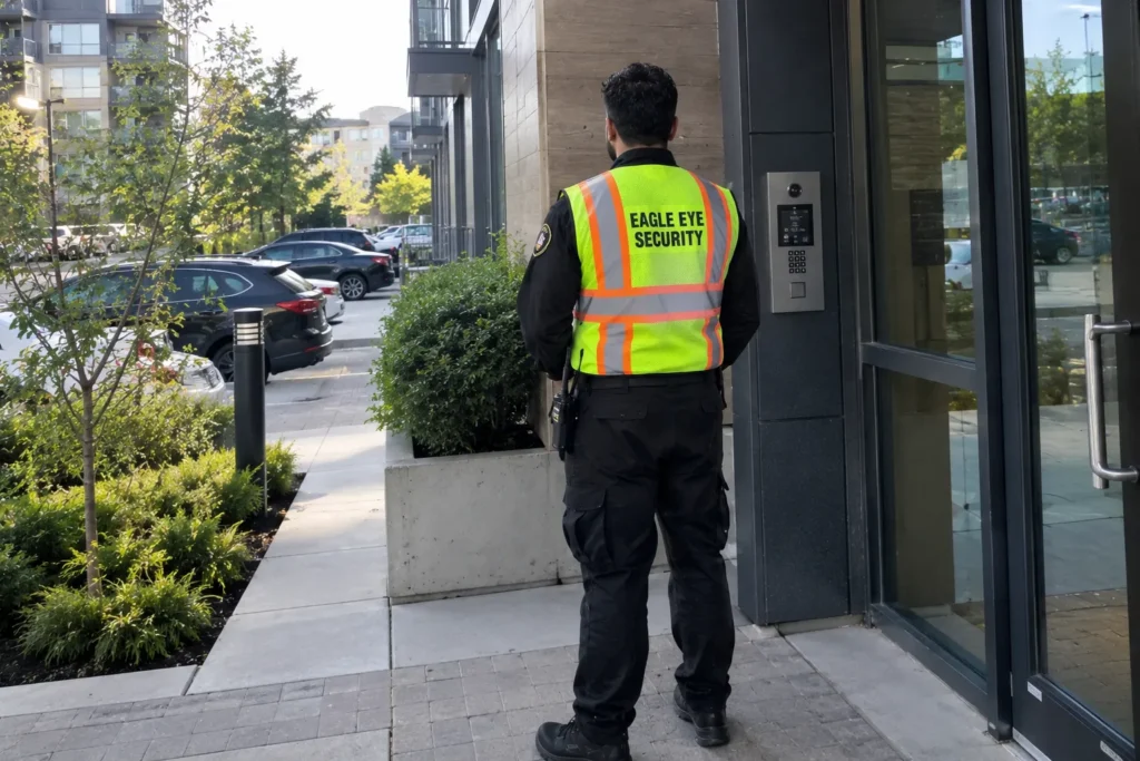Security guard watching the entrance of a strata condo building