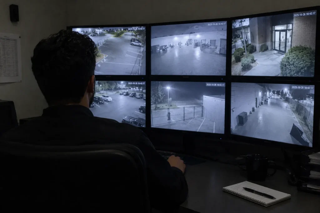 Operator watching security camera feeds in a monitoring room