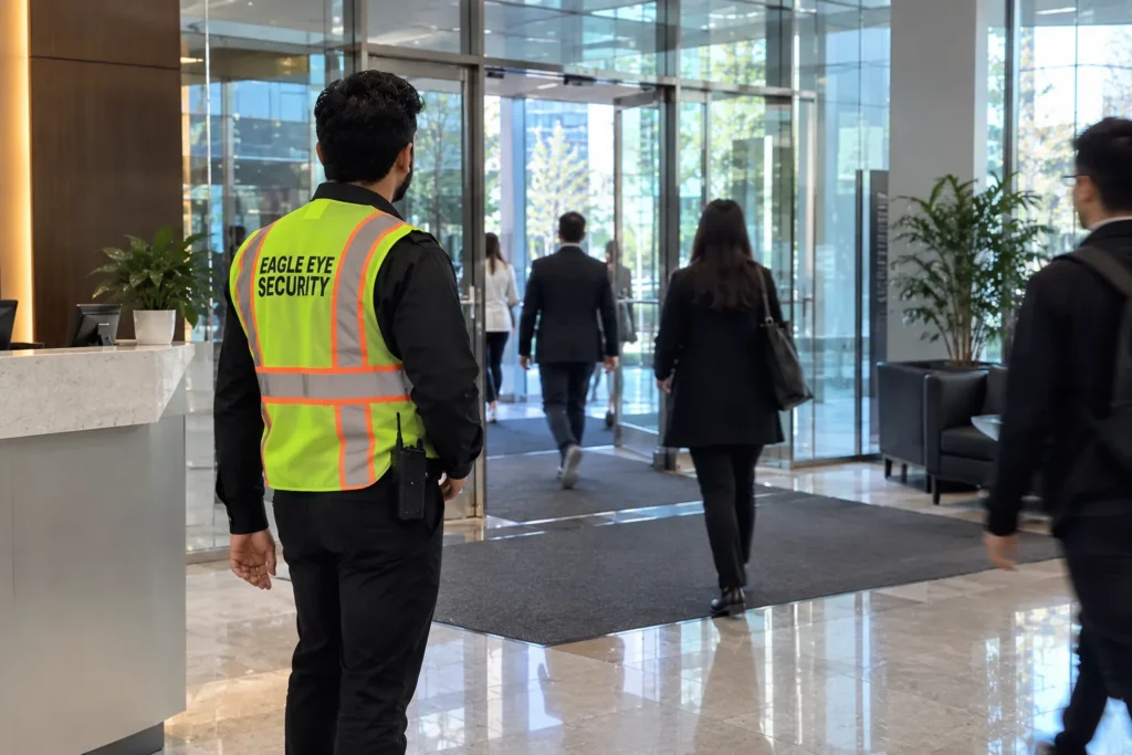 Security guard watching the entrance of an office lobby