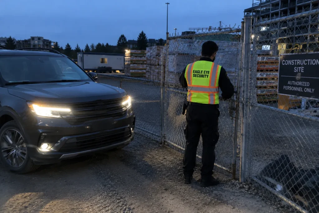 Patrol guard checking a construction site gate at dusk